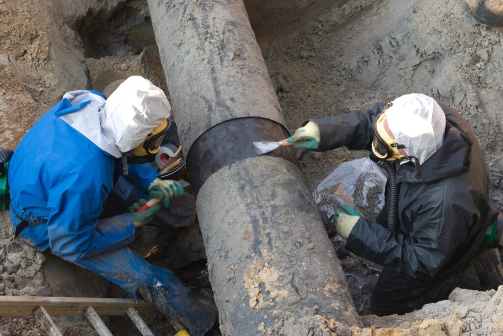 Workers dressed in full PPR and breathing apparatus check for asbestos in the workplace