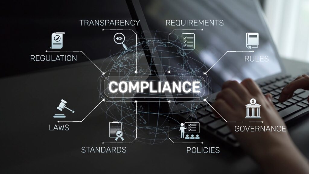 A graphic design featuring Compliance in the centre and linking out to the words Regulation, Laws, Standards, Policies, Governance, Rules, Requirements and Transparency
