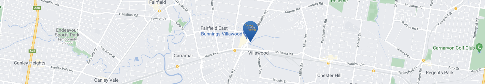 Map of Villawood, Sydney, showing locations relevant to safety training courses for working at height and confined spaces.